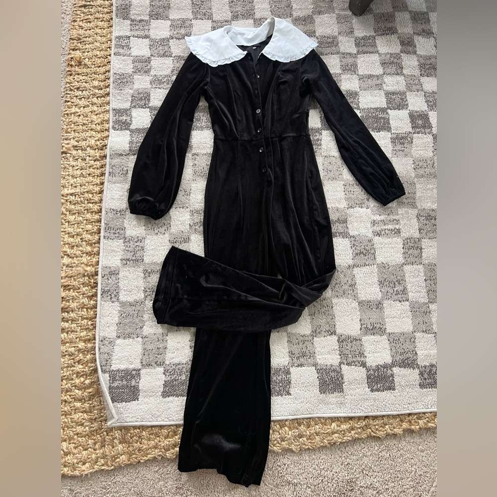 MONKL Black Velvet Wide Leg Jumpsuit with Removable White Collar Size XS